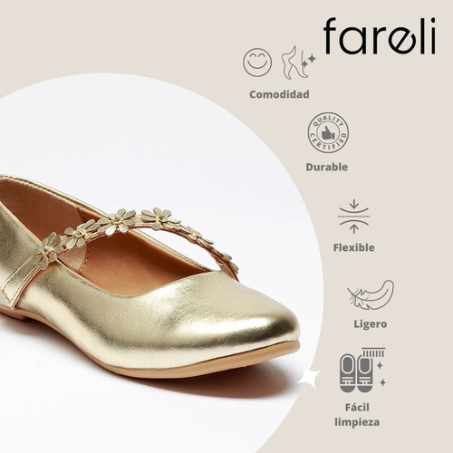 Zapato Balerina Oro Moda Casual Para Niña Flores Fareli