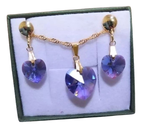 Conjunto Cristal Swarovski Tanzanite Ab 1,4 Cm  Folh. Ouro