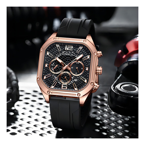 Relógio De Calendário Quadrado Crrju Business Chronograph Cor Da Correia Rosê/preto