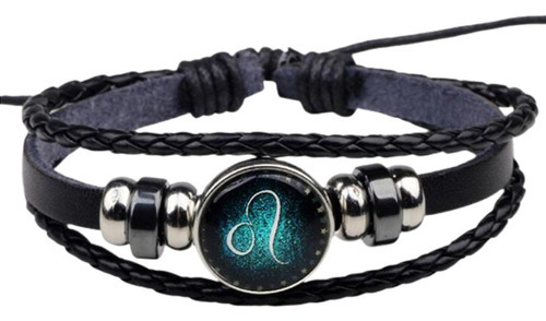 Conjunto Pulsera Brazalete Leo Zodiaco Cuero 3 En 1 