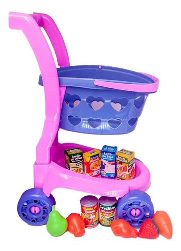 Mercado Infantil Completo Carrinho Cesta Caixa Comida 30pç
