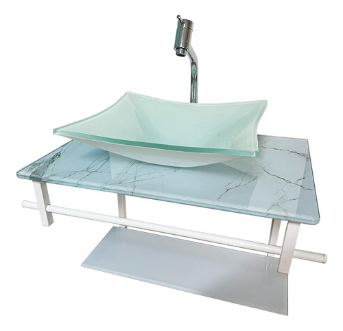 Kit Lavatório De Vidro 48x35cm - Marmo Branco - Sup. Branco Branco Brilhante