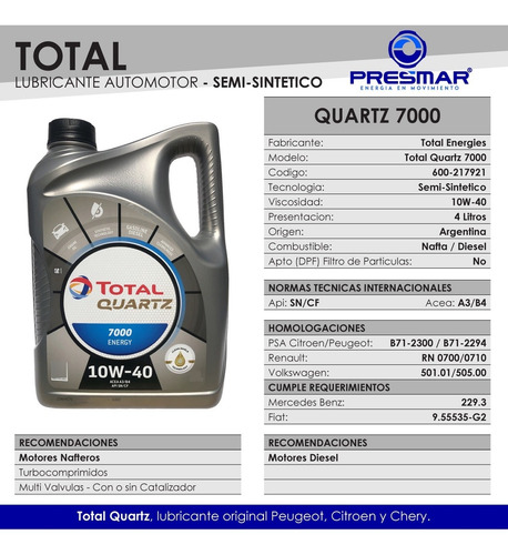 Imagen 2 de 8 de Aceite Para Motor Total Quartz 7000 10w40 Semisin X 4 Litros