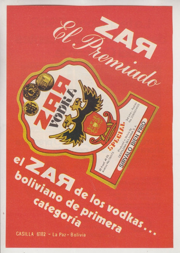 1979 Hoja Con Publicidad Vodka Zar De Bolivia Vintage Raro