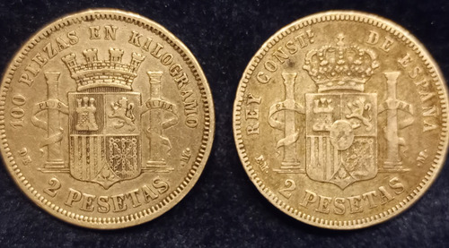 Monedas España 2 Pes 1870 Gob Prov + 2 Pes 1879 X 2 Uni Plat (Usado)