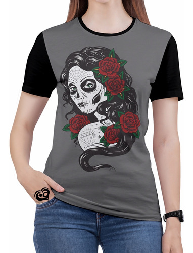 Camiseta Caveira Mexicana Rock Moto Feminina Roupas Blusa