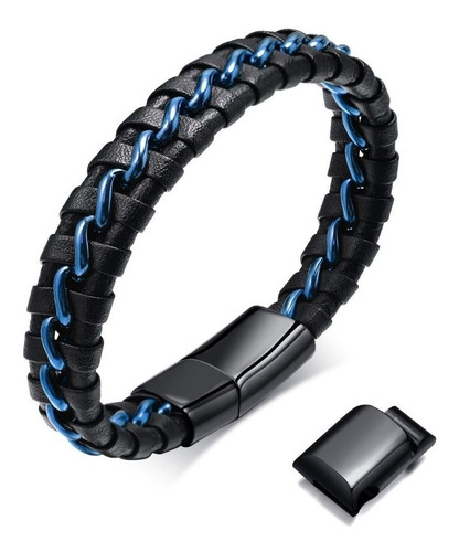 Pulsera De Hombre De Cuero Y Acero Inoxidable Ajustable