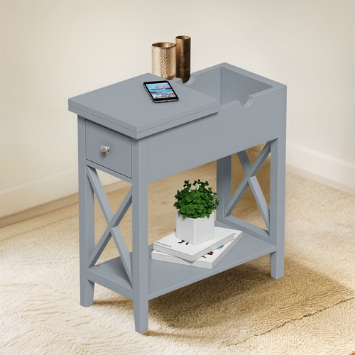 Mesa Auxiliar Abatible Mdf Con Cajón Color Gris Pequeña