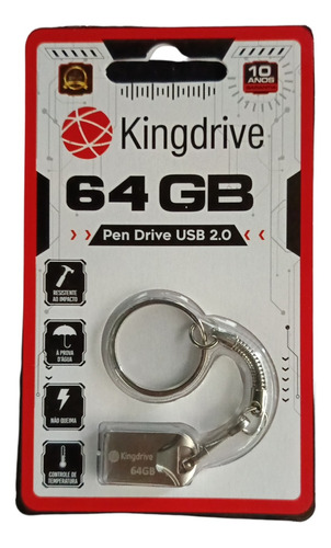 Pen Drive 64gb 2.0 Com Chaveiro Metal Kingdrive Com Garantia