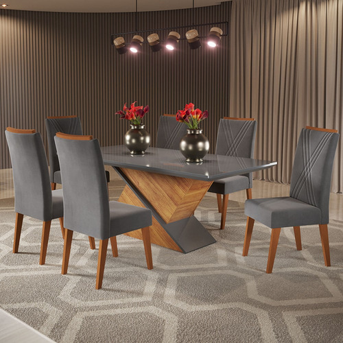 Mesa De Jantar 6 Lugares Stela Com Vidro Mel/cinza/grafite - Pés Cinza