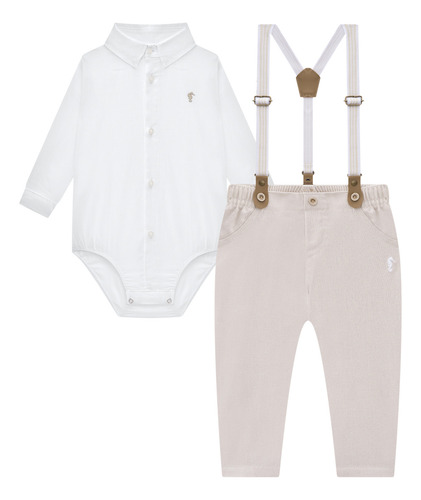 Conjunto Bebê Menino Body Camisa /calça Linho E Suspensório