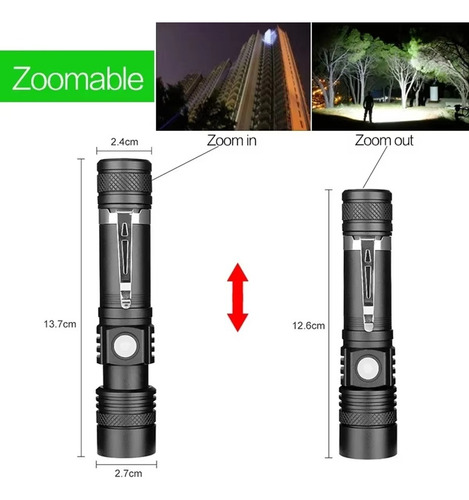Mini Linterna Led Con Carga Usb, Zoom Telescópico, Luz De Tr