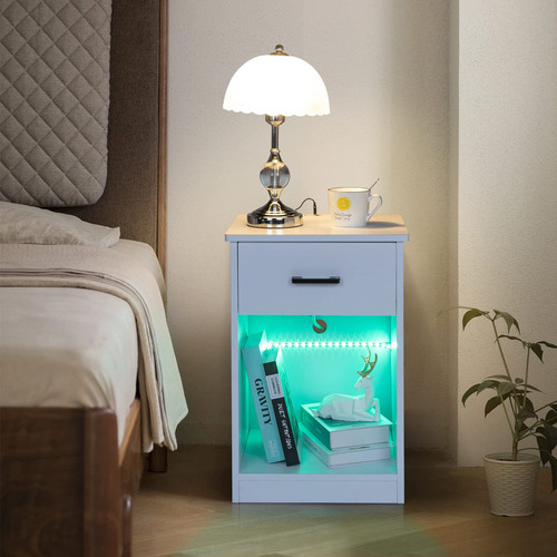 White Nightstand With Led Light Side Table With Drawers