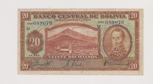 Billete Bolivia 20 Bolivianos Año 1928 Muy Bueno ++ Serie U