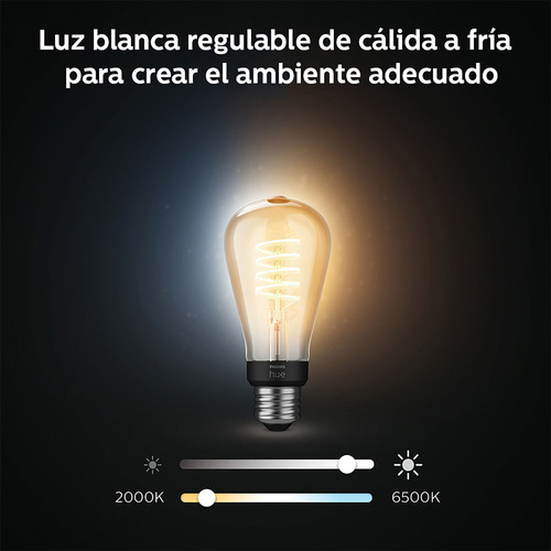 Foco Inteligente Philips Hue Filamento Decorativo luz blanca ajustable de cálido a frío control por aplicación o voz ideal para una iluminación versátil y moderna