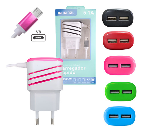 Carregador Completo V8 Com 02 Portas Usb 5.1a Cabo Fixo