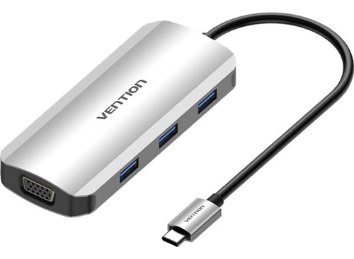 "Hub USB Multipuerto Vention - 6 en 1 - Usb C A HDMI + VGA + 3 Puertos Usb 3.0 + Power Delivery 100W USB C - 4K 30Hz - Carcasa Aluminio - 15 CM - Premium Para PC / Mac / Laptop - TOIHB"