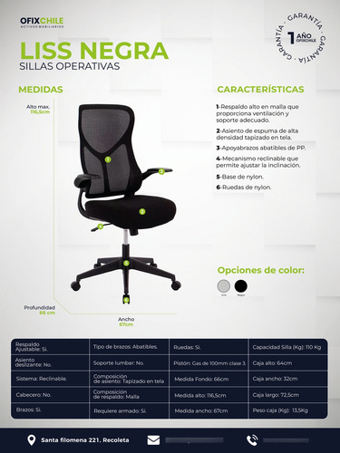 Silla Oficina Liss Alta Asiento Ergo Brazos Regulables Ofix Negro Tela