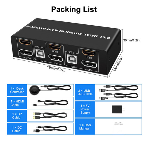 Wiistar - Conmutador Kvm Hdmi Dp 2 Monitores 2 Computadoras