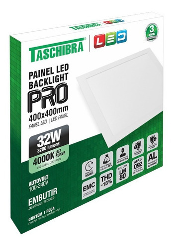 Painel Led Quadrado Embutir 32w 40x40 Taschibra Kit C/ 4 Pçs Cor Neutra (4000K) 110V/220V