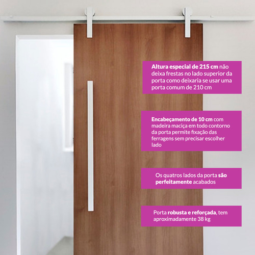Porta Carvalho 80cm + Kit Correr 1,5m + Puxador 1m Branco