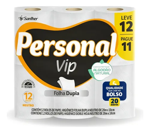 Papel Higiênico Personal Vip Folha dupla Neutro Menos com 12 unid...