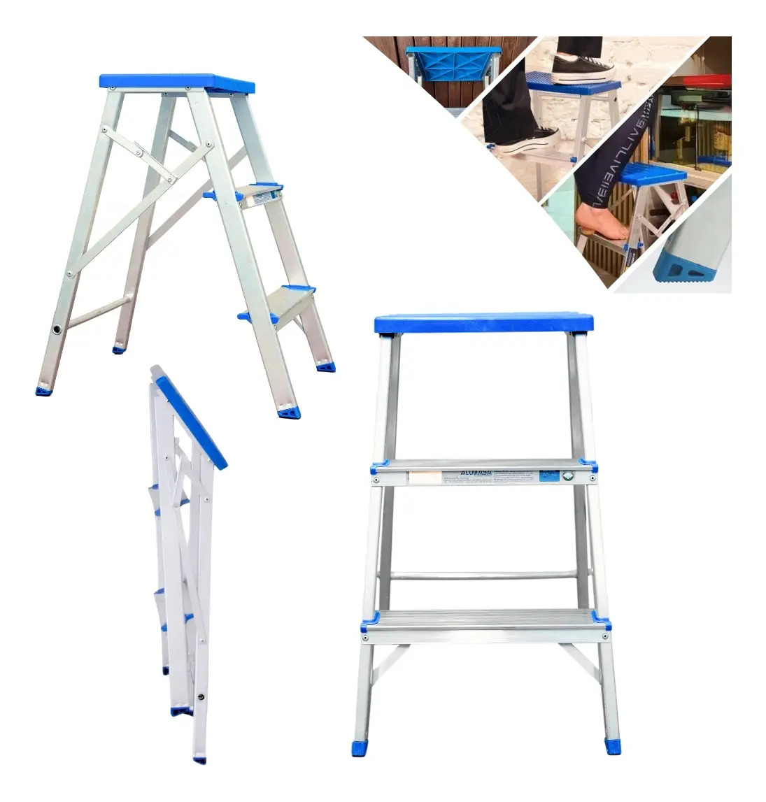 Escada Banqueta Alumasa 3 Degraus Alumínio Dobravel Azul 120kg