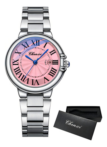 Relógio de quartzo luminoso Chenxi com calendário elegante, cor de fundo rosa