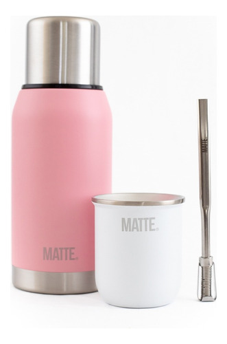 Set Termo Matte Pink 750cc + Mate Steel + Bombilla 