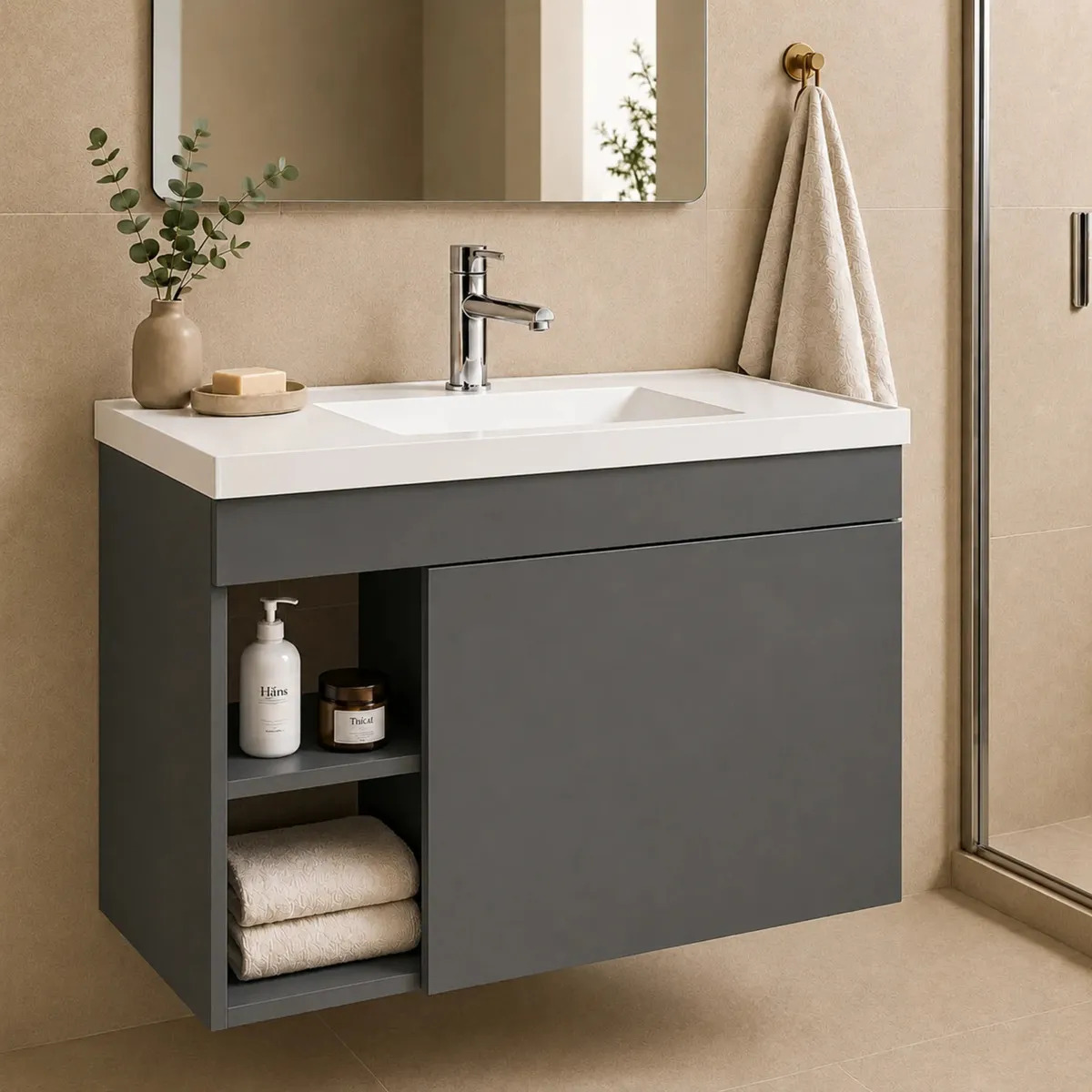 Conjunto Gabinete Suspenso Banheiro + Cuba Compacta Moderna Cinza - Blue Moby