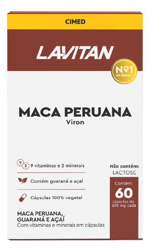 Suplemento Alimentar Maca Peruana Viron Guaraná E Açaí 60 Cápsulas 600mg Lavitan