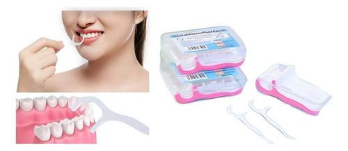 90 Hilo Dental Con Mango Flosspick Aplicador Rosa Blanco