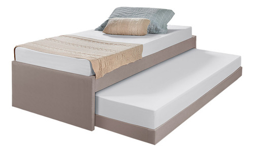 Cama Solteiro Bianca+auxiliar Madeira Maciça Tecido Pavia Cor Bege Lisa