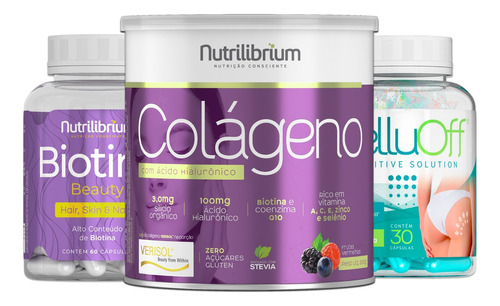 Colágeno Verisol Hialuron 200g + Celluoff 30 Caps + Biotina Sabor Frutas Vermelhas