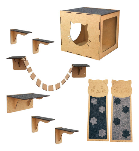 Kit Playground De Gato 9 Pcs Nicho Degrau Arranhador Parede Cor Cinza Patinhas