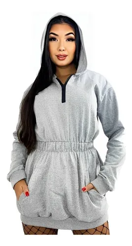 Vestido Moletom Feminino Com Ziper E Capuz Moda Inverno