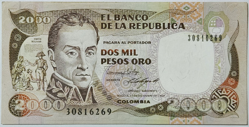 Billete 2000 Pesos 17/dic/1988 Colombia Au