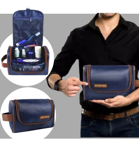 Necessaire Masculina Organizador Mala Viagem Postagem 24hrs Cor Azul C/borda Marrom