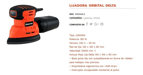 Imagen 2 de 3 de Lijadora Orbital Delta 150w Dowen Pagio 140x140x80