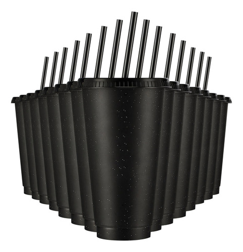 Vasos Reutilizables De 24 Oz Con Tapa Y Popote, 15 Piezas Color Negro