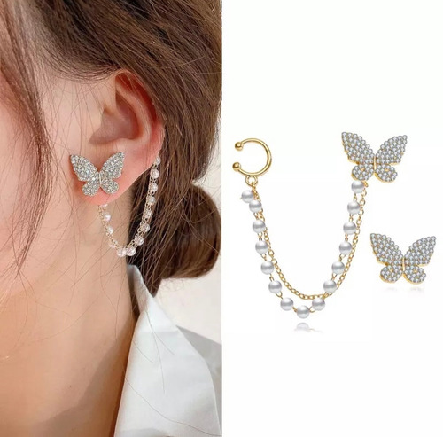 Aretes Mujer Earcuff Solitario Par De Mariposas 2 En Uno