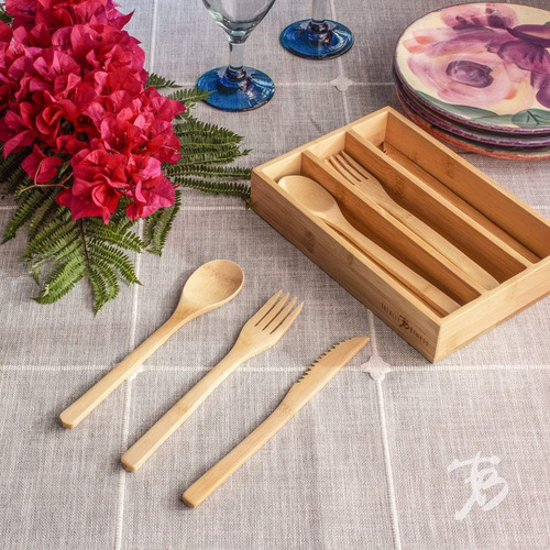 Juego 12 Piezas Cubiertos Bambú Reutilizables Totally Bamboo