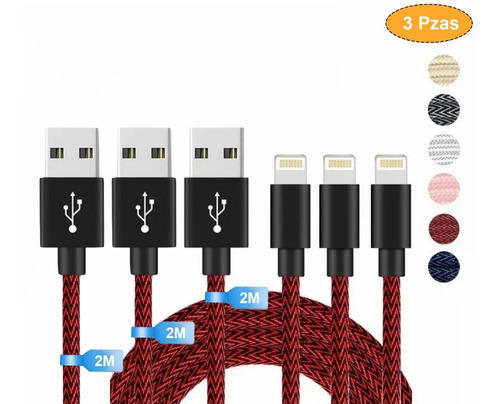 Cable Cargador Para iPhone Cable Lightning Usb Nylon 2m 3pzs Color Negro/rojo