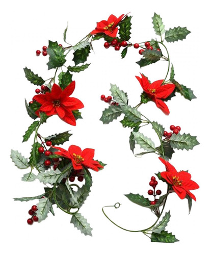 Guirnalda De Luces Navideñas Con Flores De Pascua, Hojas