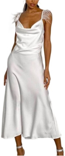 Vestido Mujer Plumas Blancas Sin Espalda Satén Sexy Cóctel