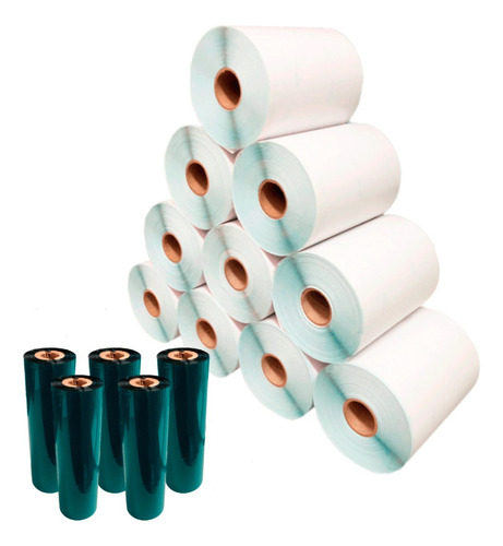 Kit 10 Rolos Etiqueta 100x50 Bopp + 5 Ribbons Misto Zebra Cor Branco