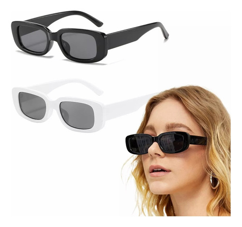 2piezas Gafas De Sol Rectangulares Estilo Retro De Diseñador Color Black white