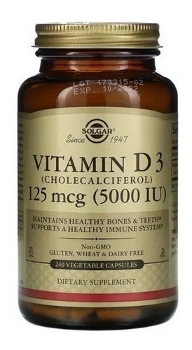 Solgar | Vitamin D3 | 5000 Iu | 125mcg | 240 Vegetable Caps