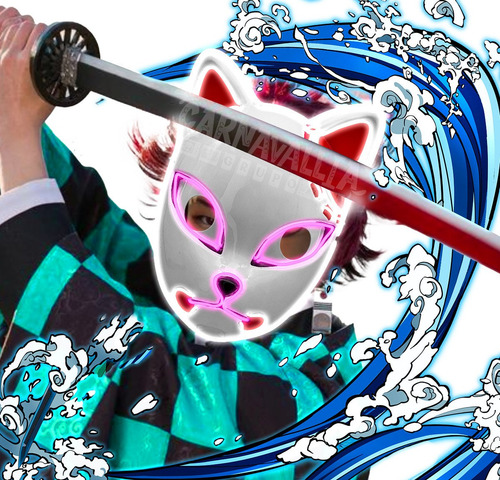 Imagen 1 de 10 de Mascara Led Blanco Tanjiro Zorro Demon Slayer Kimetsu Hallow