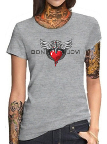 Remera Mujer Gris Sublimada Personalizada Bon Jovi
